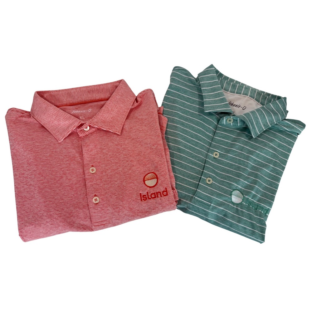 Johnnie-O Striped Green/Red Golf Polos Sea Island Logo Set of 2 Casual Sz XL